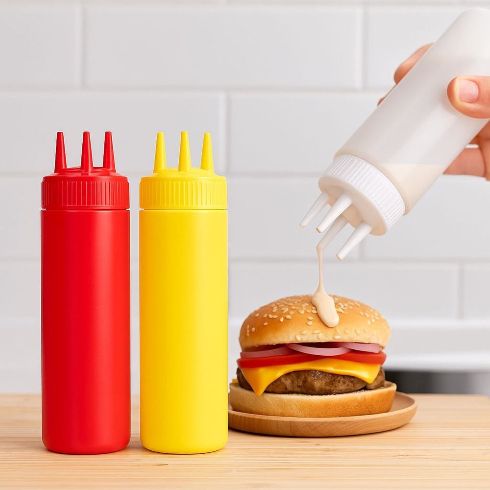 10x Sauce Squeeze Bottles – Triple Nozzle | Ketchup, Mayo, Mustard